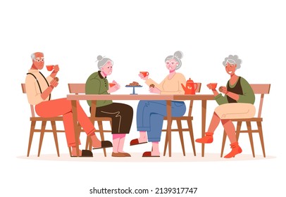 Elderly People Drink Tea At The Table. Grandpa And Grandma Are Having Fun Together. Vector Illustration.