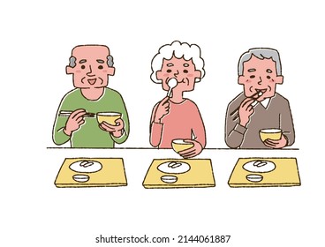 Elderly people eating together at a long-term care facility Comical handwritten person Vector, color on line drawing