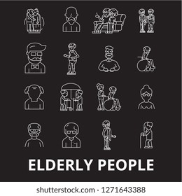 Elderly people editable line icons vector set on black background. Elderly people white outline illustrations, signs, symbols