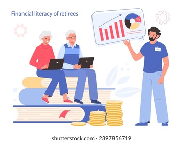 Elderly people education. Pensioners financial literacy. Consultant explaining finance system basics to elderly people. Finance education, savings management, money saving and pension income control.
