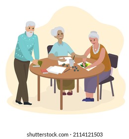 Elderly people are engaged in creativity, Draw pictures. Senior people. Hobby. Communication of elderly people. Vector illustration.