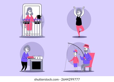 Elderly people engaged in different activities, such as cooking, exercising, spending time with children, and enjoying nature. Active lifestyle concept
