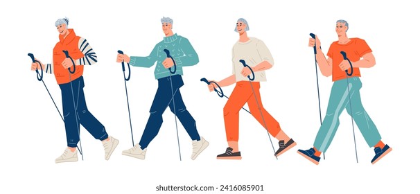 Elderly people engaged in Nordic walking. Sport and lifestyle activity for seniors. Benefits and basics of Nordic walking for a healthy and active lifestyle, vector illustration on a white background.