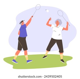 Elderly people enjoying a game of badminton. Flat vector illustration of active elderly people doing sports outdoors, depicting the concept of a healthy lifestyle.