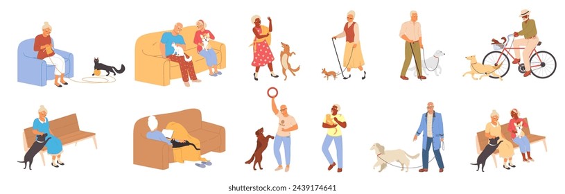 Ancianos disfrutando de juegos con mascotas pasando tiempo juntos. Hombre y mujer solteros mayores, pareja mayor que camina, que juega, que acaricia y que monta bicis con los perros y los gatos ilustración vectorial