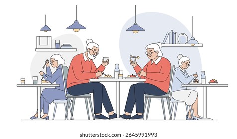 Elderly People Enjoying Meals Together At Dining Hall Comfortably