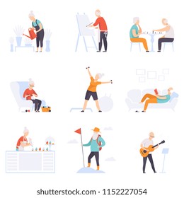 Elderly people enjoying various hobbies, senior men and women leading an active lifestyle social concept vector Illustration on a white background