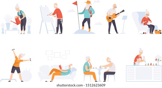 Elderly people enjoying various hobbies, senior men and women leading an active lifestyle social concept vector Illustration on a white background