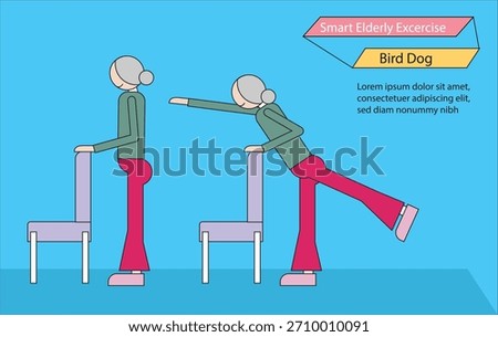 Elderly people exercise by holding onto a chair, raising their right arm and kicking their left leg back, holding for ten seconds.