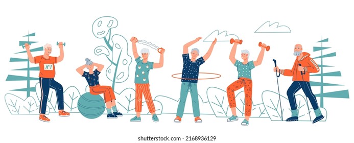 Elderly people exercise outdoors. Senior men and women go in for sports, flat cartoon vector illustration isolated on white background.. Fitness and healthy active lifestyle in old age concept.