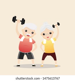 Elderly people exercising. Active healthy workout aged people. Grandparents making morning exercises. Cartoon illustration isolated on background. Vector, illustration