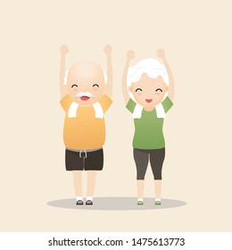 Elderly people exercising. Active healthy workout aged people. Grandparents making morning exercises. Cartoon illustration isolated on background. Vector, illustration