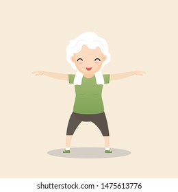 Elderly people exercising. Active healthy workout aged people. Grandparents making morning exercises. Cartoon illustration isolated on background. Vector, illustration