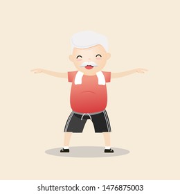 Elderly people exercising. Active healthy workout aged people. Grandparents making morning exercises. Cartoon illustration isolated on background. Vector, illustration