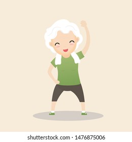 Elderly people exercising. Active healthy workout aged people. Grandparents making morning exercises. Cartoon illustration isolated on background. Vector, illustration