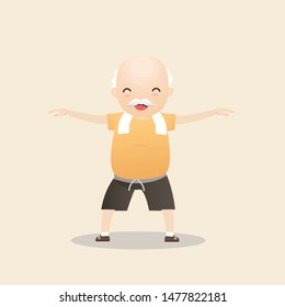 Elderly people exercising. Active healthy workout aged people. Grandparents making morning exercises. Cartoon illustration isolated on background. Vector, illustration