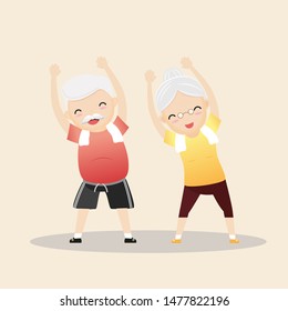 Elderly people exercising. Active healthy workout aged people. Grandparents making morning exercises. Cartoon illustration isolated on background. Vector, illustration