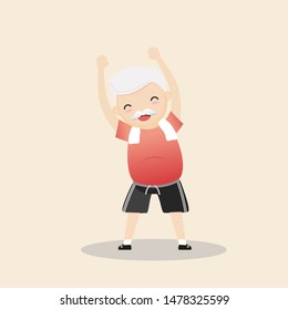 Elderly people exercising. Active healthy workout aged people. Grandparents making morning exercises. Cartoon illustration isolated on background. Vector, illustration