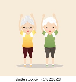 Elderly people exercising. Active healthy workout aged people. Grandparents making morning exercises. Cartoon illustration isolated on background. Vector, illustration