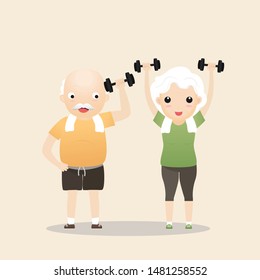 Elderly people exercising. Active healthy workout aged people. Grandparents making morning exercises. Cartoon illustration isolated on background. Vector, illustration