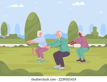 Personas de edad avanzada ejerciendo fuera de la ilustración vectorial de color plano. Actividades deportivas al aire libre para los mayores. El entrenamiento en la naturaleza. Personajes de dibujos animados sencillos en 2D totalmente editables con parque en segundo plano