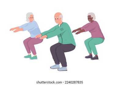 Elderly people exercising semi flat color vector character. Editable figure. Full body people on white. Sport club for aged simple cartoon style illustration for web graphic design and animation