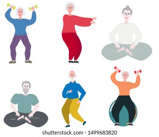 Elderly people exercising and streching in gym. Healthy lifystyle concept. Flat cartoon style. Vector illustration.