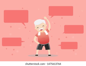 Elderly people exercising.Elderly doing exercising with speech bubbles. Active healthy workout aged people. Grandparents making morning exercises. Vector, illustration