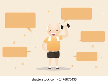 Elderly people exercising.Elderly doing exercising with speech bubbles. Active healthy workout aged people. Grandparents making morning exercises. Vector, illustration