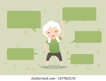 Elderly people exercising.Elderly doing exercising with speech bubbles. Active healthy workout aged people. Grandparents making morning exercises.  Vector, illustration