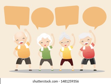 Elderly people exercising.Elderly doing exercising with speech bubbles. Active healthy workout aged people. Grandparents making morning exercises. Vector, illustration