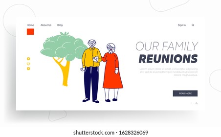 Elderly People Family Love Website Landing Page. Senior Married Couple Holding Hands Stand on Nature Landscape Background. Loving Relations Web Page Banner. Cartoon Flat Vector Illustration, Line Art