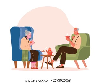Elderly people - friends, family or couple drink tea in the home interior. Life and entertainment of the elderly. Vector illustration.