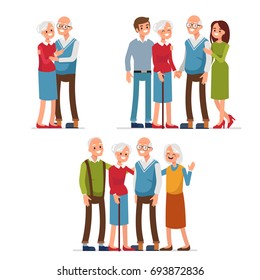 Elderly people with friends and family standing together. Flat style vector illustration.