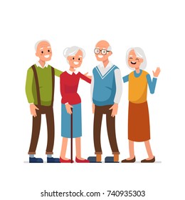 Elderly people with friends  standing together. Flat style vector illustration.