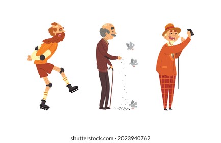 Elderly People Fun Leisure Activities Set, Senior Man Feeding Doves, Making Selfie, Roller Skating Cartoon Vector Illustration
