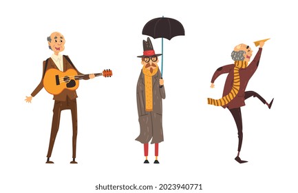 Elderly People Fun Leisure Activities Set, Senior Man Running with Paper Plain, Playing Guitar, Walking with Umbrella Cartoon Vector Illustration