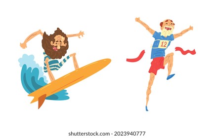 Elderly People Fun Leisure Activities Set, Senior Man Riding Surfboard And Taking Part In Marathon Cartoon Vector Illustration