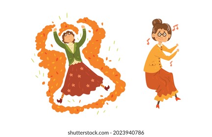 Elderly People Fun Leisure Activities Set, Senior Women Dancing And Making Angel In Pile Of Autumn Leaves Cartoon Vector Illustration