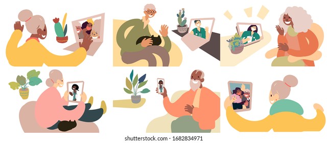 Elderly people getting medical consultation or talking with friends via video call while at home. Flat vector illustration set.