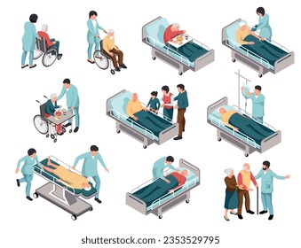 Personas de edad avanzada que reciben tratamiento y atención en un conjunto isométrico de hospitales ilustraciones vectoriales aisladas