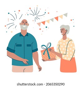 Elderly people give each other gifts. Grandma gives her grandfather a present. Happy mature couple getting ready to celebrate the holidays. Flat style isolated on white background. Vector.