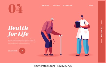 Elderly People Going Ability Landing Page Template. Senior Woman with Rheumatoid Arthritis of Knee Joints Moving with Walking Cane in Nursing Home or Hospital. Linear Character Vector Illustration