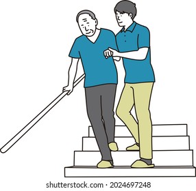 Elderly people going down the stairs with assistance
