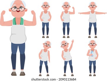 Elderly people grandfather exercise workout character.