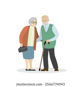 Elderly People, grandmother and grandfather isolated on white background. Aged love couple portrait. flat vector illustration