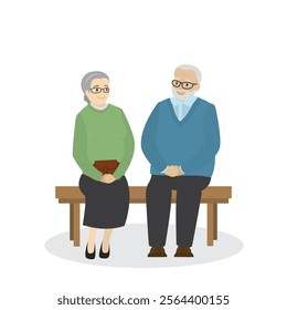 Elderly People, grandmother and grandfather sitting on bench. Aged love couple isolated on white background, flat vector illustration