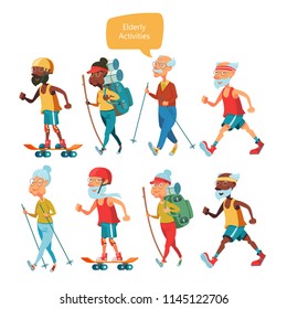 Elderly people, grandparents lead a healthy lifestyle. They are engaged in sports, sports walking, running, tourism, Nordic walking. A set of characters of elderly people. Vector illustration.