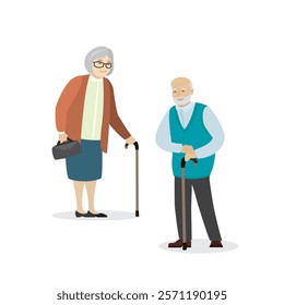 Elderly People, happy grandmother and grandfather isolated on white background. Retirement, aged people. flat vector illustration