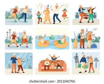 Elderly People Happy Life Cartoon Isolated Icon Set With Birthday Parties Roller Skating Walks In The Park Playing Console Games With The Grandkids And Other Activities Vector Illustration